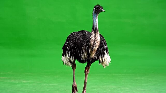 Emu bird walking forward isolated on green screen background for video compositing and editing