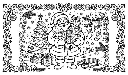 Fototapeta premium Christmas coloring page vector illustration with smiling Santa Claus holding gifts decorated holiday tree and a festive winter floral border