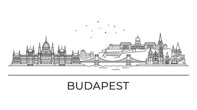 Budapest city skyline minimalist black line art illustration