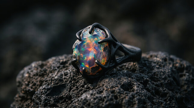 Ring holding a vibrant black opal gemstone with colorful fire encased in a dark metal setting resting on volcanic rock.