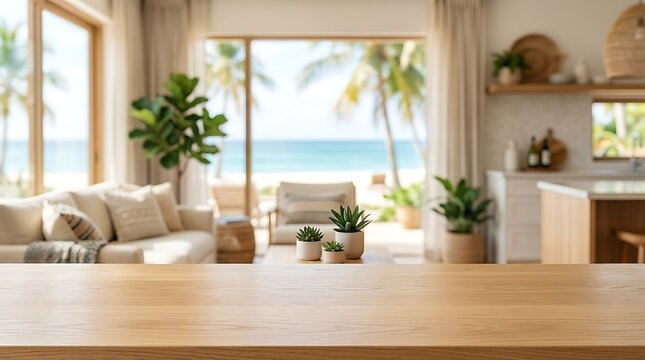 Empty wooden table top in blurred luxury tropical beach house interior for product display mockup and presentation.