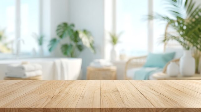 Empty wooden table top for product display mockup in a bright luxury tropical spa bathroom interior with green plants.