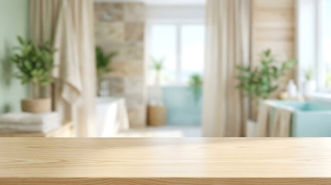 Empty wooden table in blurry bright bathroom interior for product display presentation mockup banner background space.