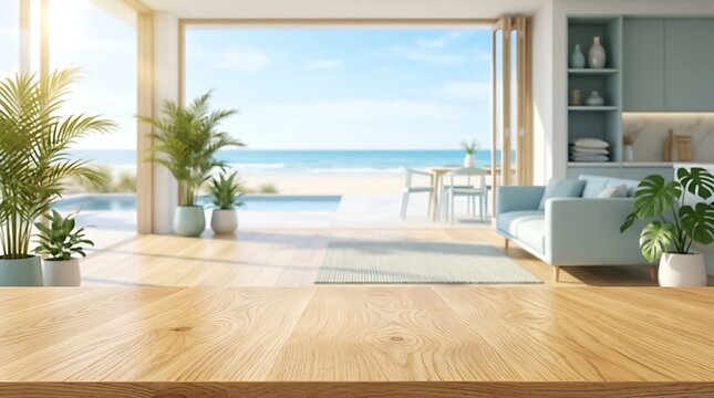 Empty wooden table top mockup with blurred luxury beach house interior ocean view background for product display.