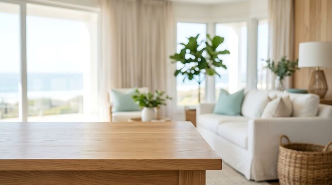 Empty wooden table top in a blurred modern beach house living room background for interior product display mockups