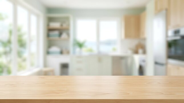 Empty wooden tabletop for product display in blurred modern kitchen interior background with bright natural sunlight.