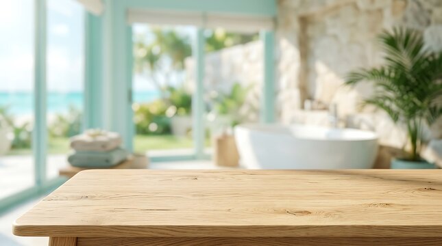 Wooden table surface mockup with blurred beach resort bathroom interior background for cosmetic product advertisement.
