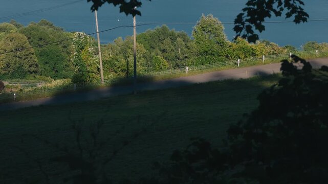 Downhill Road with Utility Pole Overlooking Lake from Mountain Shadow
