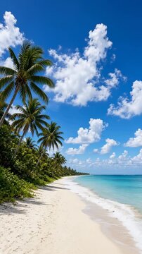 Tropical Beach with Palm Trees and Clear Water Under Bright Blue Sky