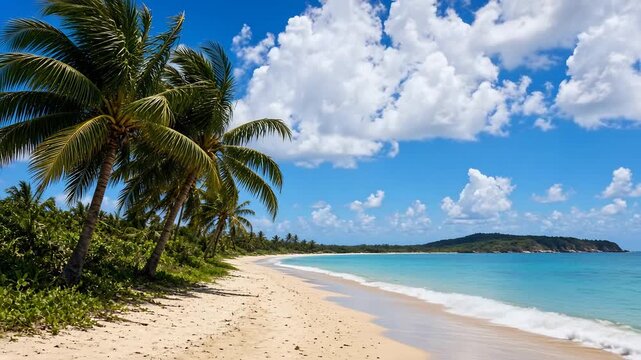 Tropical Beach Scene with Golden Sand and Clear Turquoise Water Under Bright Blue Sky