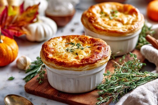 Two individual savory pot pies sit in white ceramic ramekins, topped with golden flaky crusts and fresh herbs, surrounded by autumn leaves, rosemary, linen