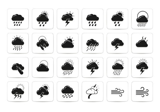Set of weather condition icons with rain and storm elements isolated on white background