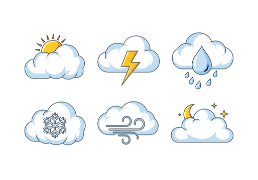 Six weather condition icons with clouds isolated on white background