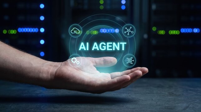 Hand holding glowing holographic ai agent interface with cloud, network, settings and data icons above dark server rack background