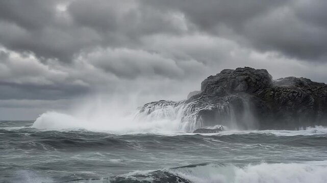 Turbulent Ocean Waves Crashing Against Rocky Cliffs Under Dark Stormy Clouds