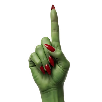 A single green witch hand pointing directly upward