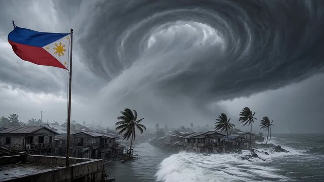 Turbulent Sky Over Coastal Village With Swirling Storm And Waving Philippine Flag