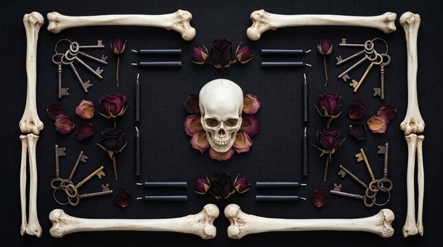 Halloween Skeleton Bones Arranged as an Elegant Symmetrical Flat Lay