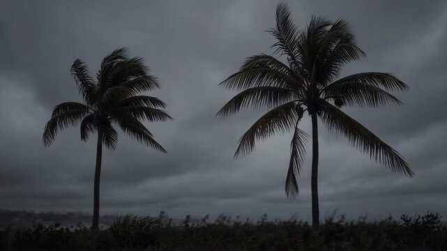 Two Palm Trees Swaying Under Dark Stormy Sky with Ominous Clouds in Coastal Landscape