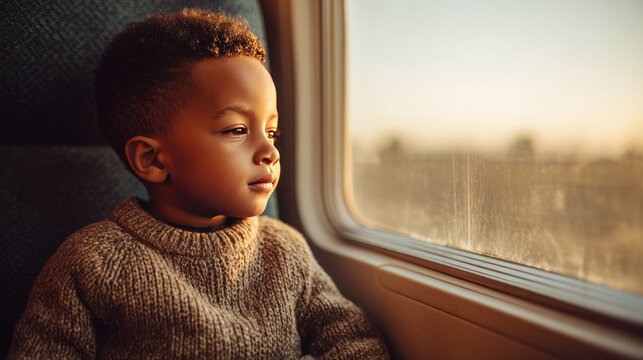 Young child in warm knitted sweater gazing through sunlit train window during a peaceful journey, portrait inside passenger carriage