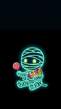 Neon glowing baby mummy holding lollipop and Halloween candy