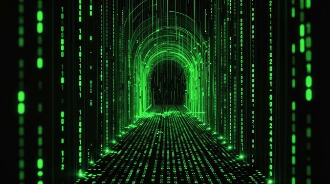 A captivating digital tunnel filled with vibrant green binary code, showcasing a futuristic atmosphere in a virtual space. Ideal for technology themes.