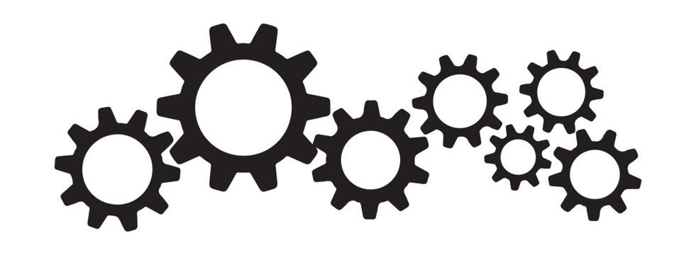 Interlocking machinery gear wheels black silhouettes for mechanical engineering and industrial concept.