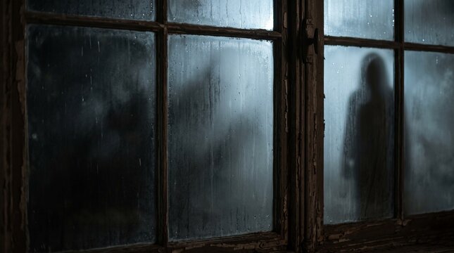 Mysterious Ghost Silhouette Behind a Foggy Haunted Window