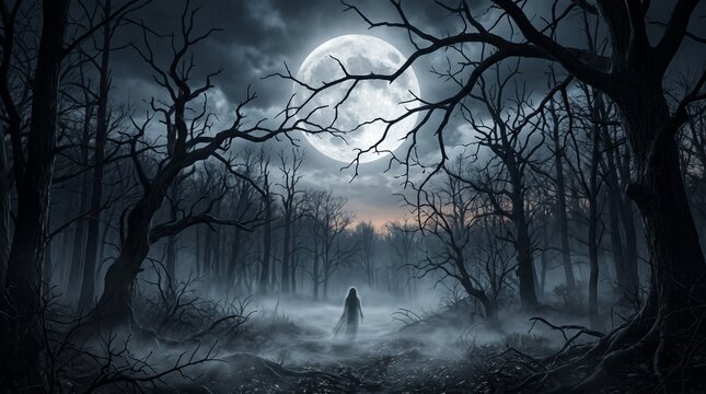 Ghostly Figure Crossing a Fog Covered Forest Under a Full Moon