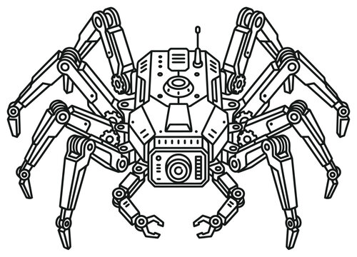 Robotic spider line art vector icon, mechanical arachnid robot illustration, futuristic cyber insect line outline graphic