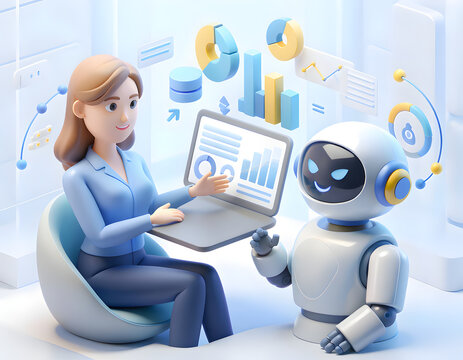 3D illustration of a businesswoman collaborating with a friendly AI robot on data analysis with laptop and charts