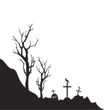 Spooky graveyard silhouette with dead trees and ravens