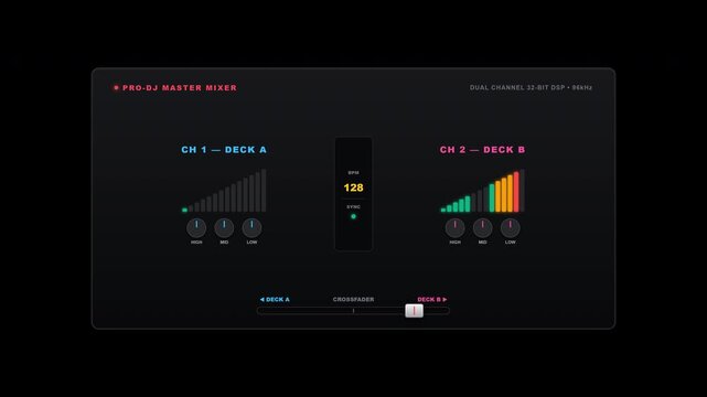 DJ Mixer Crossfader Slide and EQ Level Bounce with glowing LED level meters