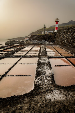 Faro de Fuencaliente, lighthouse at the Salinas de Fuencaliente, salines in the south of La Palma, Canary Islands, Spain.