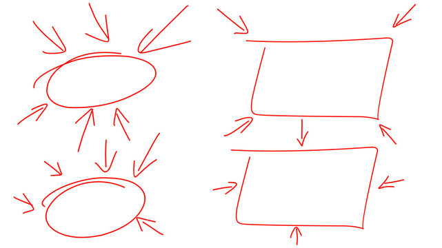 Red Hand Drawn Flowchart Target Containers and Inward Arrow Frame Set, Connected Oval and Rectangle Highlights Isolated on Transparent Background
