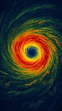 Vibrant Swirling Whirlwind of Orange and Green Against a Deep Blue Background