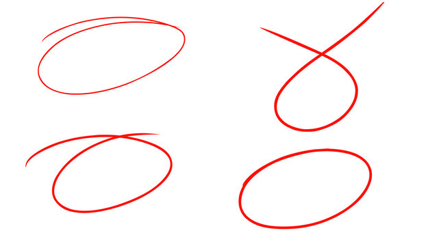 Red Marker Oval Rings and Crossed Loop Highlight Circles Set, Hand Drawn Teacher Correction Marks Isolated on Transparent Background
