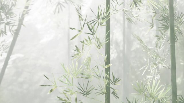Tall bamboo stalks rise gracefully in a serene forest filled with mist. Soft light filters through the leaves, creating a peaceful atmosphere. Nature echoes tranquility and beauty.