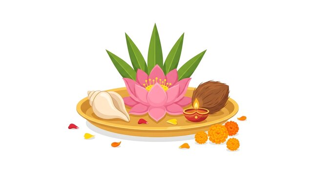 Diwali puja thali vector illustration. Lotus flower. Coconut. Diya oil lamp