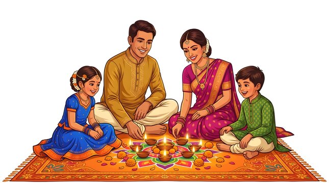 Indian family celebrating Diwali festival. Lighting diyas on decorated rug