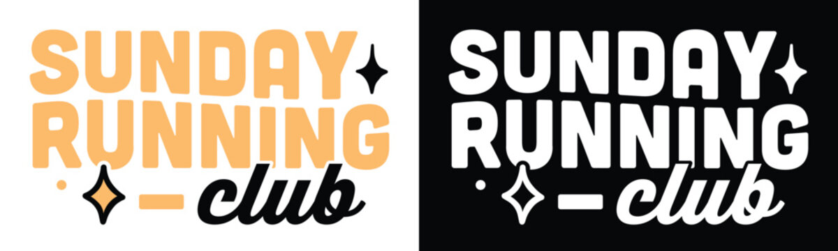 Sunday running club weekend morning run group logo lettering for runner city training social community shirt design. Retro vintage yellow aesthetic black and white text label poster sign print banner.