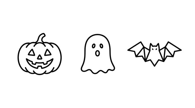 Halloween Jack-o-lantern ghost and bat outline icon set