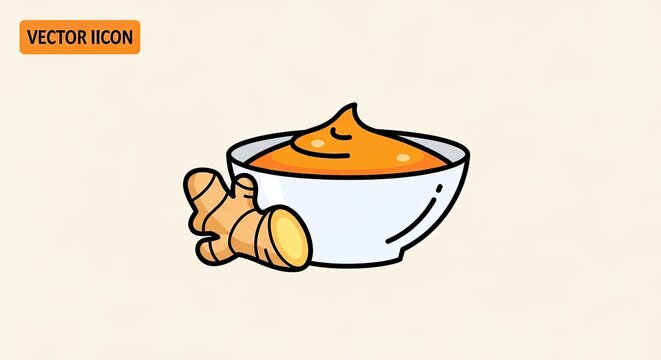 Flat vector illustration of fresh ginger root and a bowl of orange paste or sauce