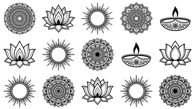 Mandala and lotus flower icon set. Featuring Diya oil lamps and sun symbols