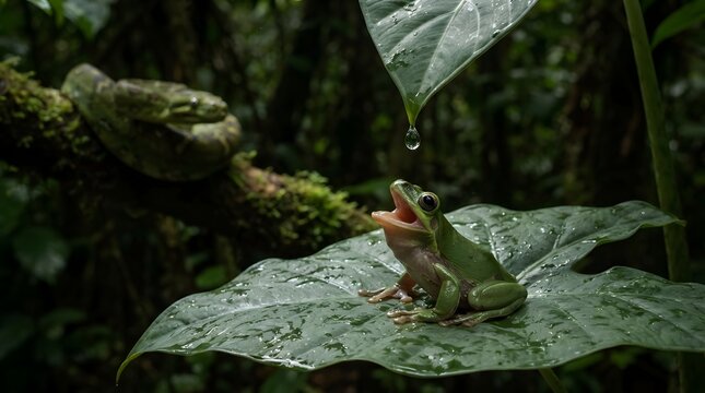 Green tree frog waiting for raindrop in the lush jungle
