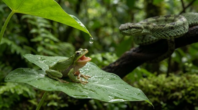 A stunning wildlife photograph featuring a green frog drinking water droplets from leaves.