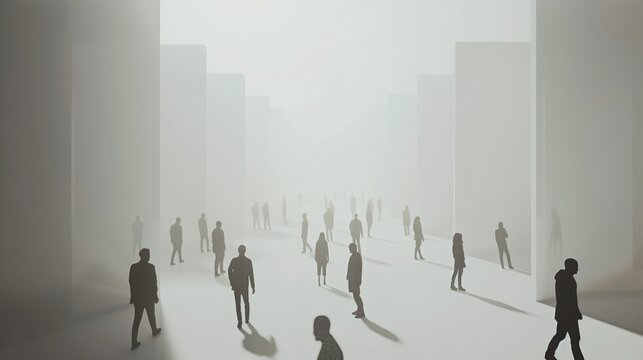 Conceptual minimalist illustration of scattered solitary figures keeping distance across a vast misty space, symbolizing emotional detachment, urban alienation, and existential solitude.