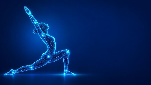 Woman performing yoga lunge pose as glowing digital constellation of stars. food day with wellness meditation exercise constellation stretching training lifestyle. food day