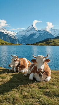Two cows resting on green grass near alpine lake with snow capped mountains background