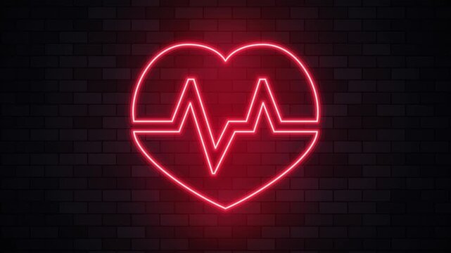 Glowing red neon sign of heart with cardiogram heartbeat ECG pulse line blinking and flickering on dark brick wall before stabilizing into steady vibrant neon glow 12s seamless loop.